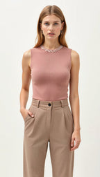 Ärmelloses Damen-Tanktop aus Rippstrick mit Perlenverzierungen 0