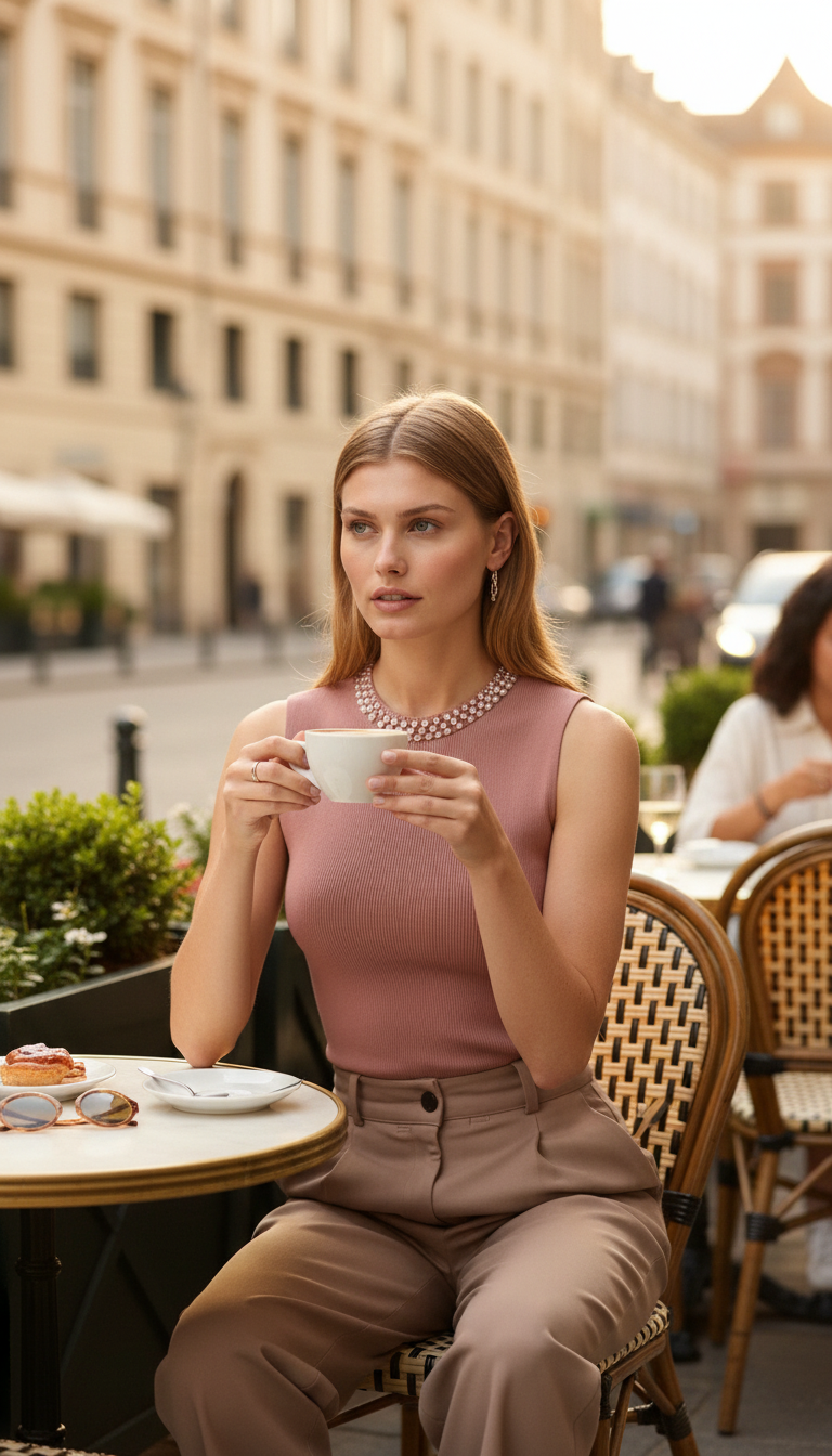 Ärmelloses Damen-Tanktop aus Rippstrick mit Perlenverzierungen 2