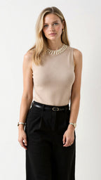 Ärmelloses Damen-Tanktop aus Rippstrick mit Perlenverzierungen 3