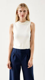 Ärmelloses Damen-Tanktop aus Rippstrick mit Perlenverzierungen 5