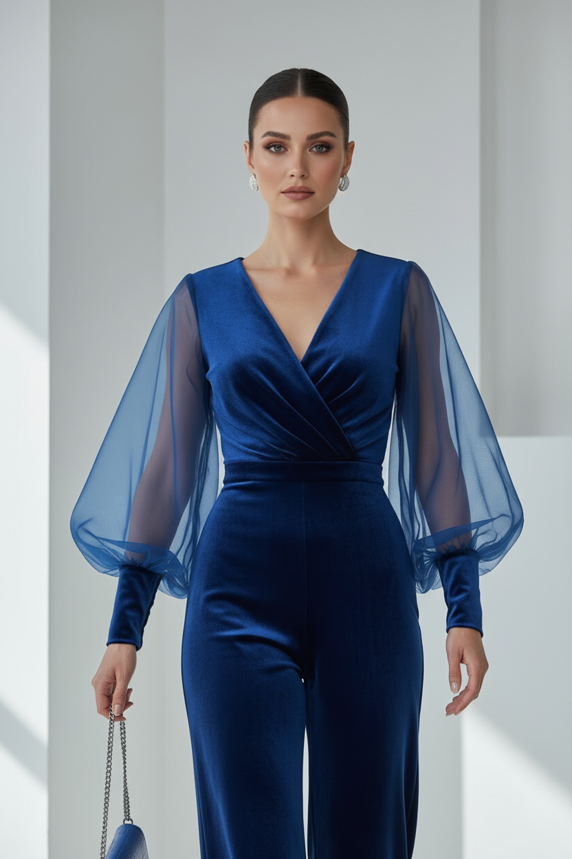 ESTEL - Elegancki aksamitny kombinezon z prześwitującymi długimi rękawami